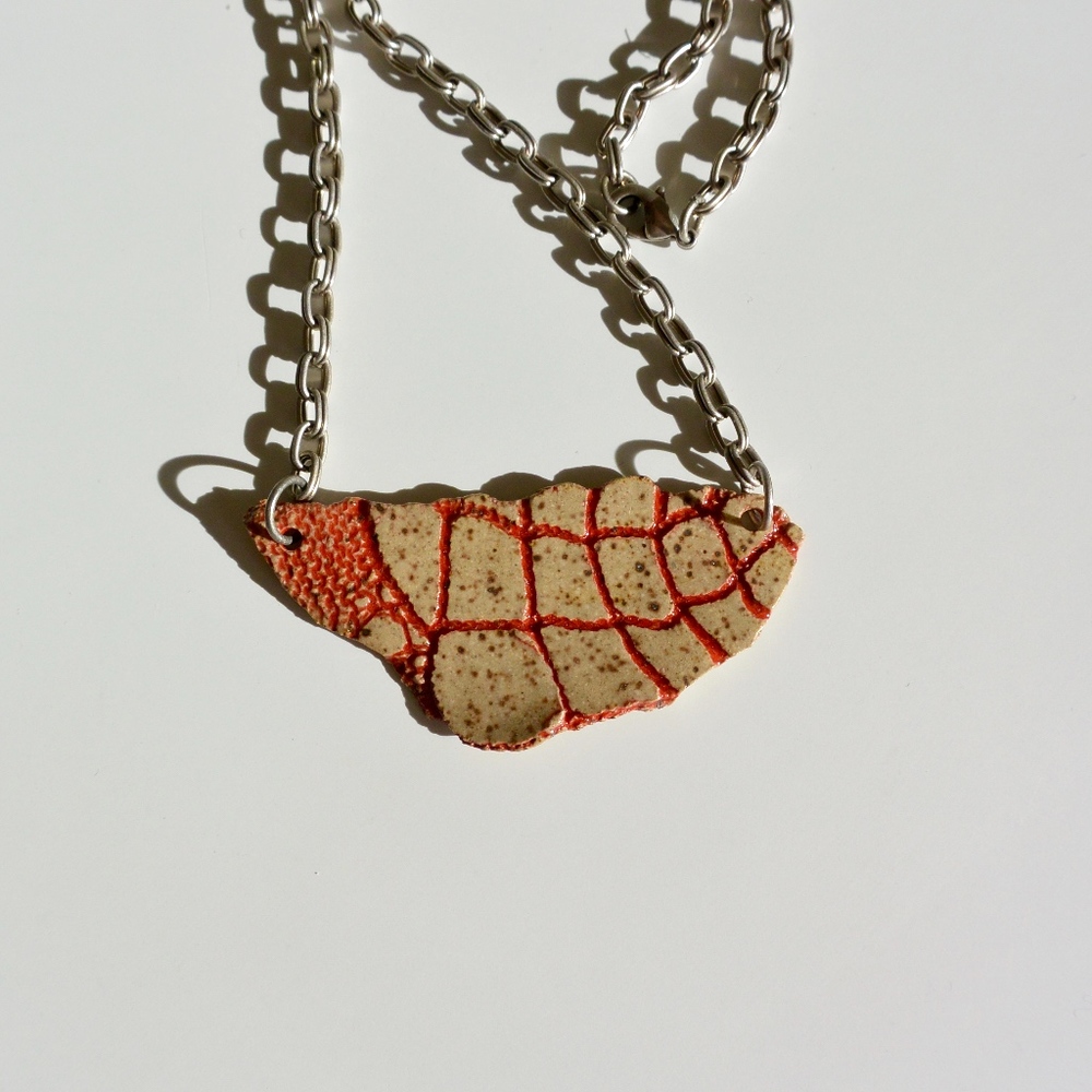 Handmade Speckled Clay w/ Red Details Silver Chain - Picture 2 of 6
